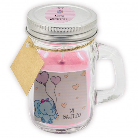 Vela aromática rosa con tapa personalizada para bautizo