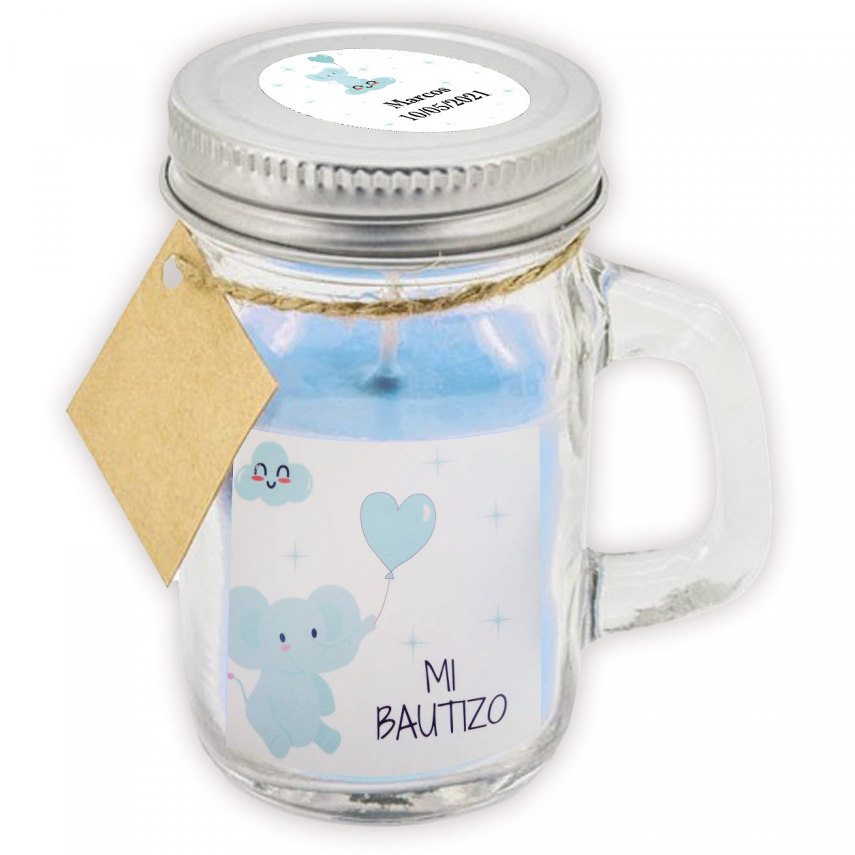 Vela aromática celeste con tapa personalizada para butizo