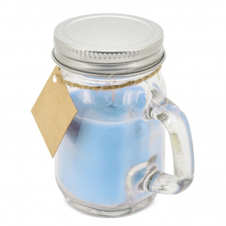 Vela aromática celeste con tapa personalizada para butizo