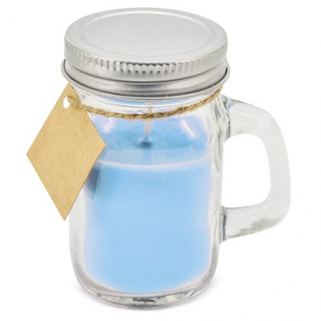 Vela aromática celeste con tapa personalizada para butizo
