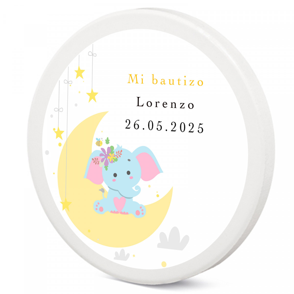 Imán de cerámica personalizado para bautizo con elefante en la luna