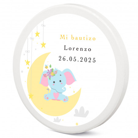 Imán de cerámica personalizado para bautizo con elefante en la luna