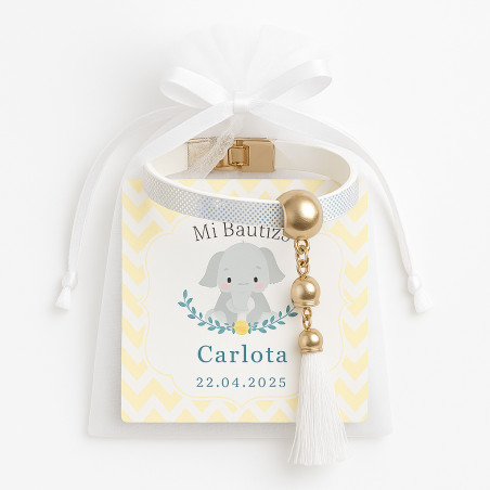 Pulsera blanca con borla y tarjeta de presentación personalizada para bautizos