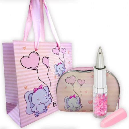 Bolígrafo pintalabios con monedero rosa para bautizo presentado en bolsa