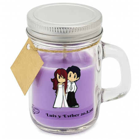 Vela color lila en jarra de cristal personalizada para bodas