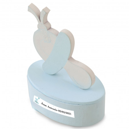 Cajita de bautizo con chupete y tapa imantada personalizada con un adhesivo
