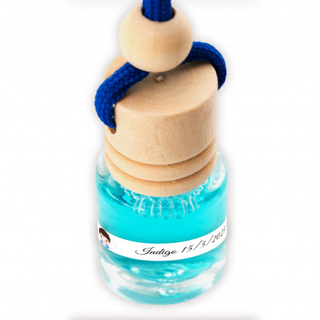 Ambientador para colgar con cordón azul y adhesivo de bautizo de niño