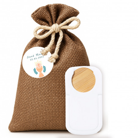 Soporte para móvil con moneda de bambú y adhesivo cáliz para detalles en bolsa rústica