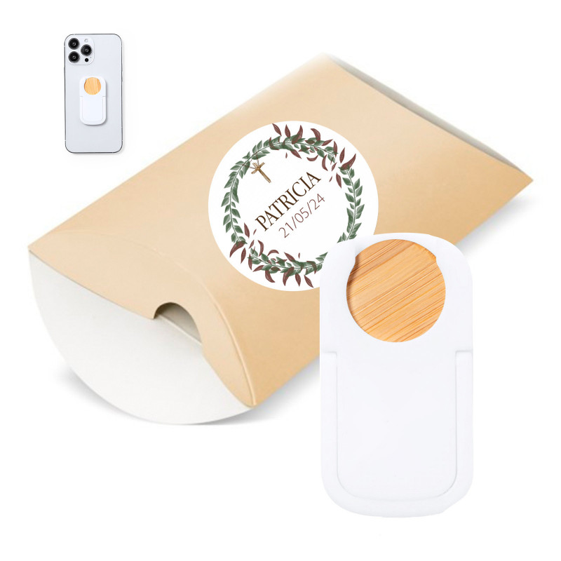 Soporte para smartphone en estuche kraft con adhesivo corona para detalles invitados