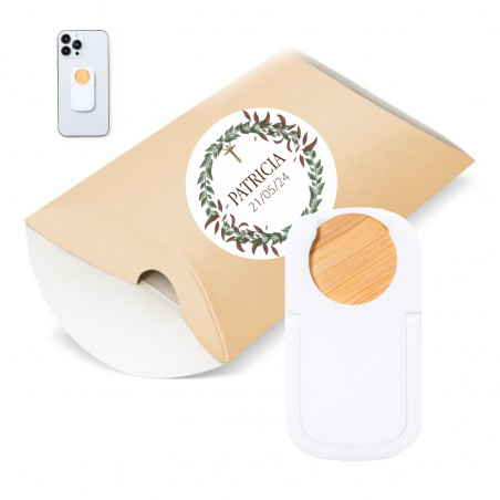 Soporte para smartphone en estuche kraft con adhesivo corona para detalles invitados