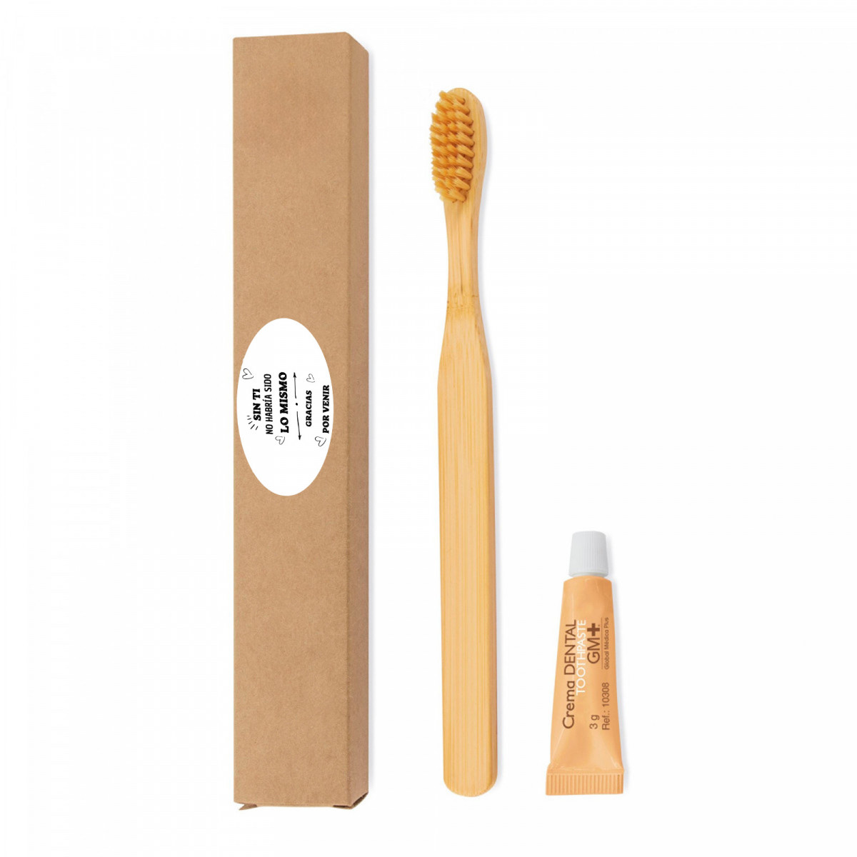 Cepillo de dientes de bambú y pasta dentífrica en caja con adhesivo para detalles eventos y fiestas