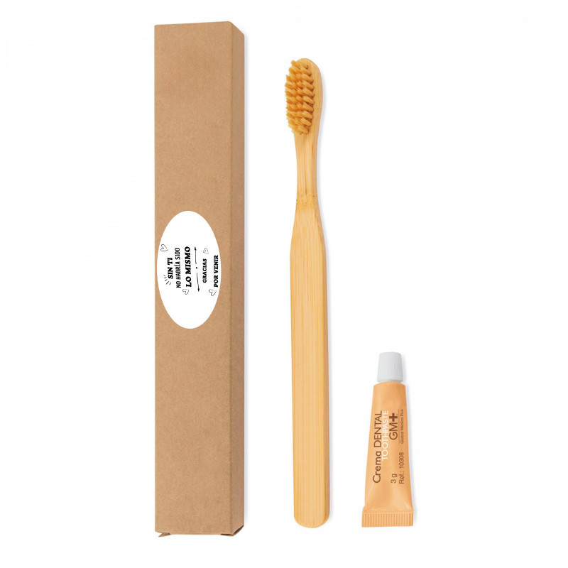 Cepillo de dientes de bambú y pasta dentífrica en caja con adhesivo para detalles eventos y fiestas