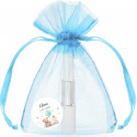 Bolígrafo en forma de barra de labios personalizado con adhesivo presentado en bolsa de organza azul