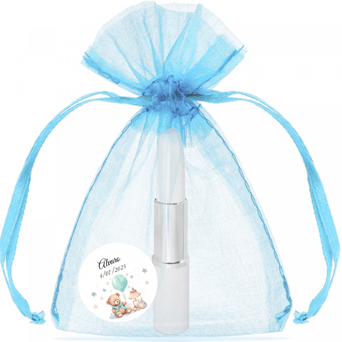 Bolígrafo en forma de barra de labios personalizado con adhesivo presentado en bolsa de organza azul