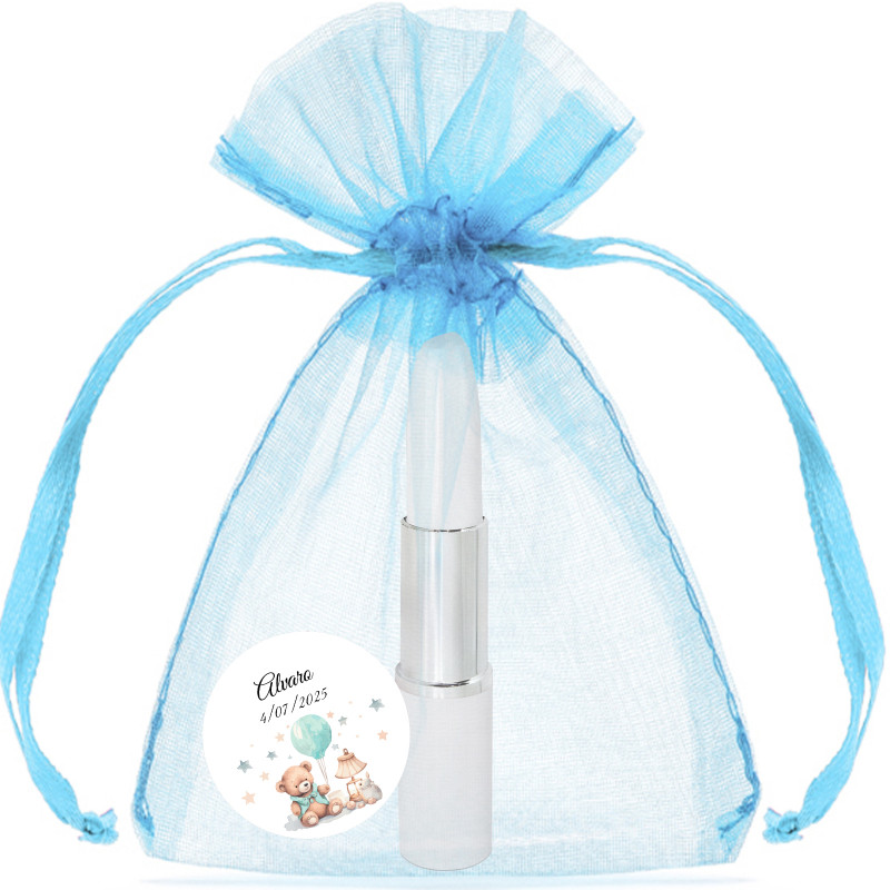 Bolígrafo en forma de barra de labios personalizado con adhesivo presentado en bolsa de organza azul