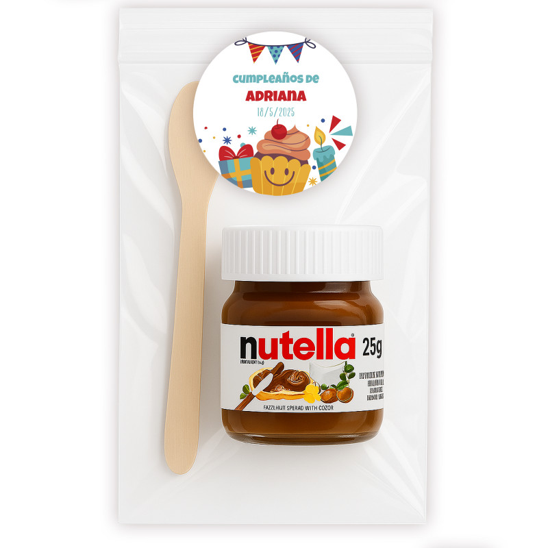 Nutella personalizada con adhesivo en bolsa transparente con cuchara