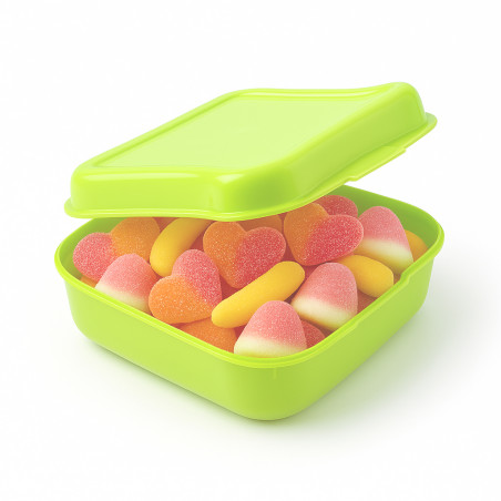 Fiambrera verde con chuches sin gluten personalizada: detalle dulce para invitados