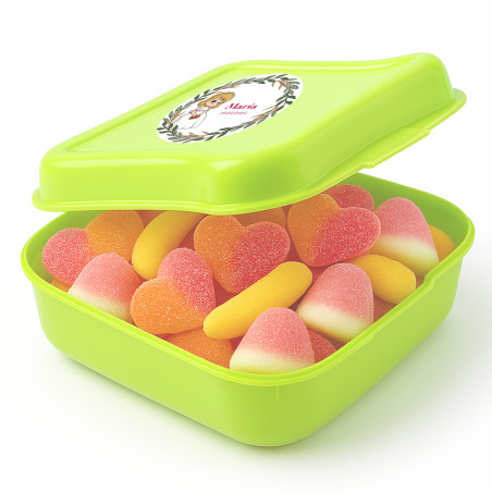Fiambrera verde con chuches sin gluten personalizada: detalle dulce para invitados