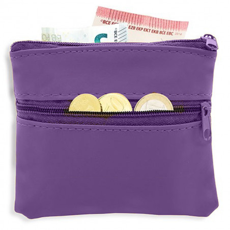 Monedero con doble cremallera en poliuretano morado: Ideal para eventos