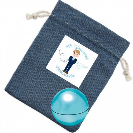 Detalles Invitados Comunión Bálsamo labial con aroma en bolsa azul con adhesivo personalizado