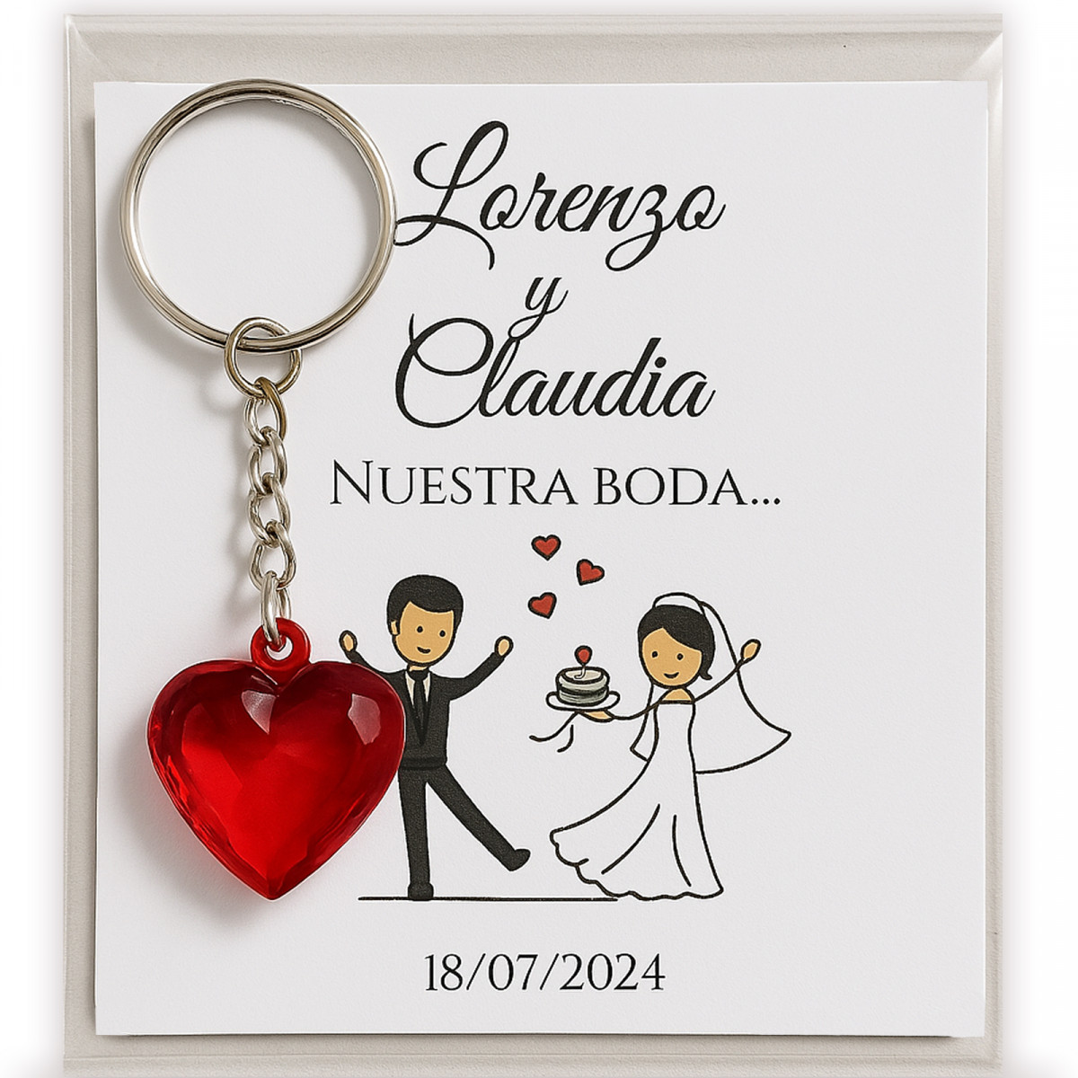 Llavero corazón rojo con tarjeta personalizada: un recuerdo de boda especial