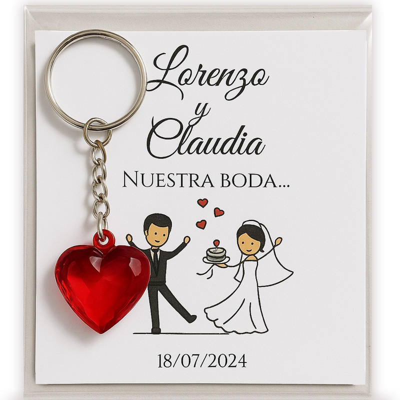 Llavero corazón rojo con tarjeta personalizada: un recuerdo de boda especial