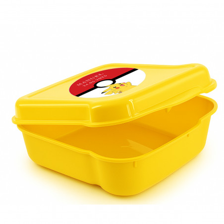 Fiambrera amarilla con adhesivo pokemon y golosinas para fiestas infantiles