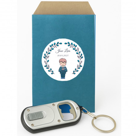 Llavero detalles comunión con abridor y luz personalizado en sobre kraft y adhesivo comunión