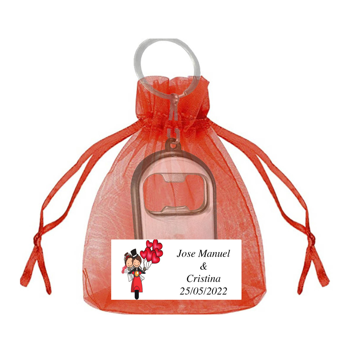 Llavero abridor boda con bolsa personalizado
