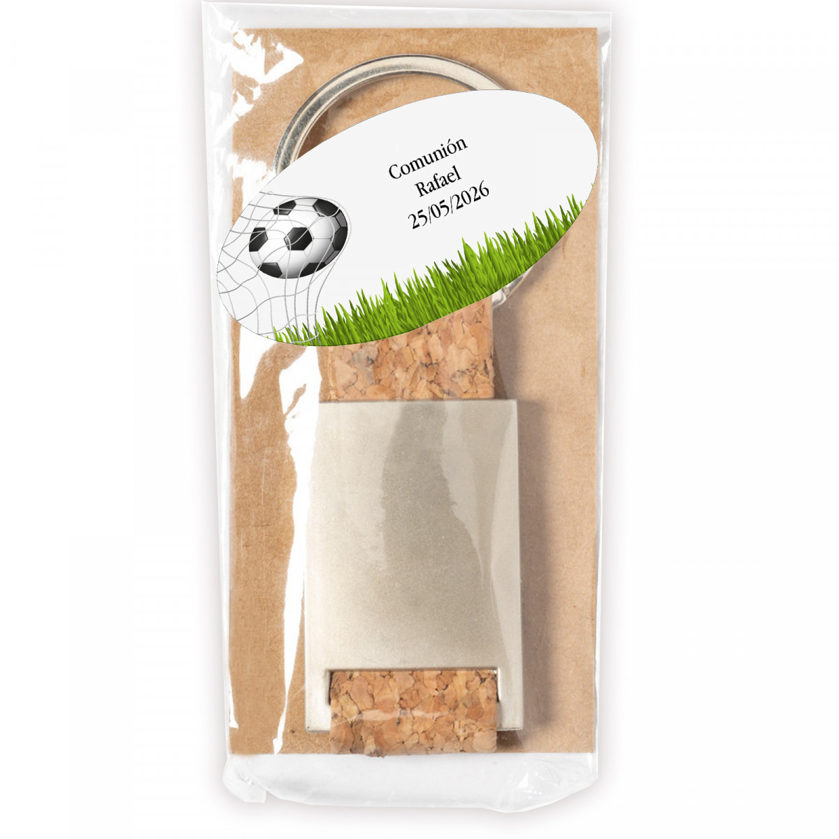 Llavero de corcho y metal con adhesivo diseño de fútbol para detalles eventos