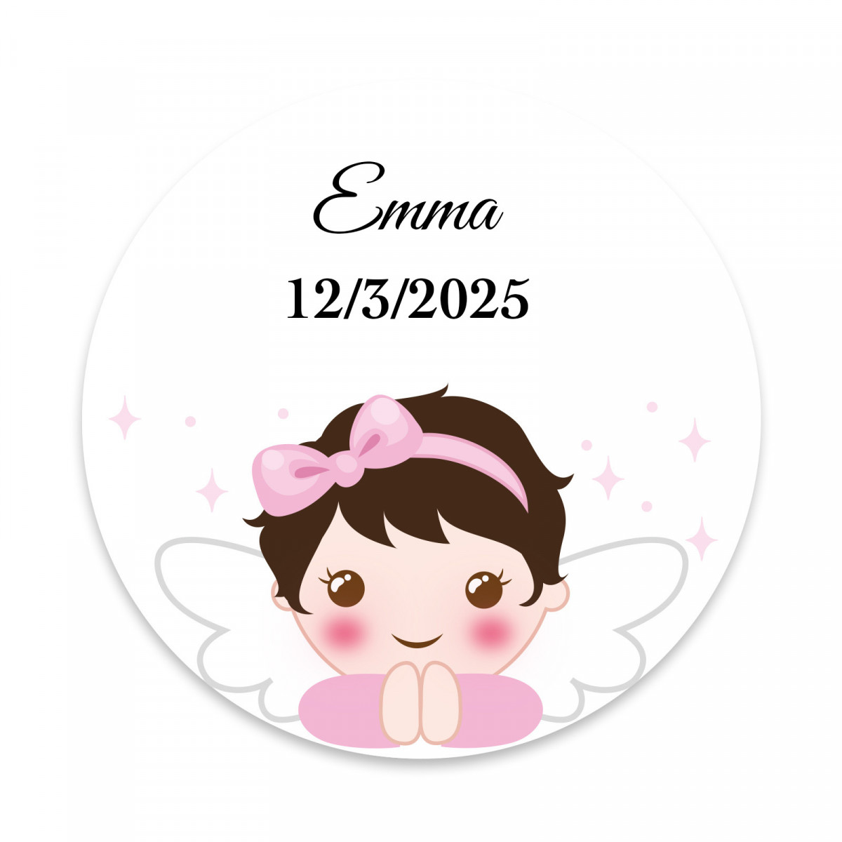 Adhesivo ángel niña redondo 3cm personalizable para bautizo