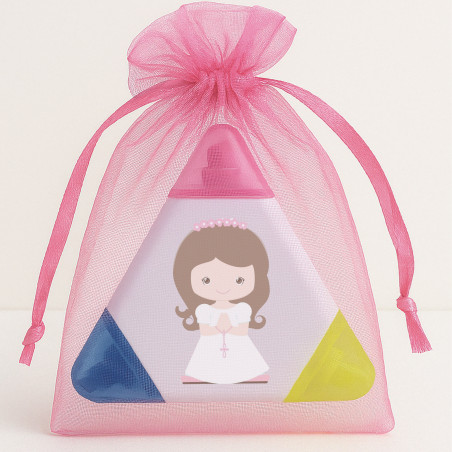 Marcador tricolor personalizado para comunión con adhesivo niña comunión en bolsa de organza