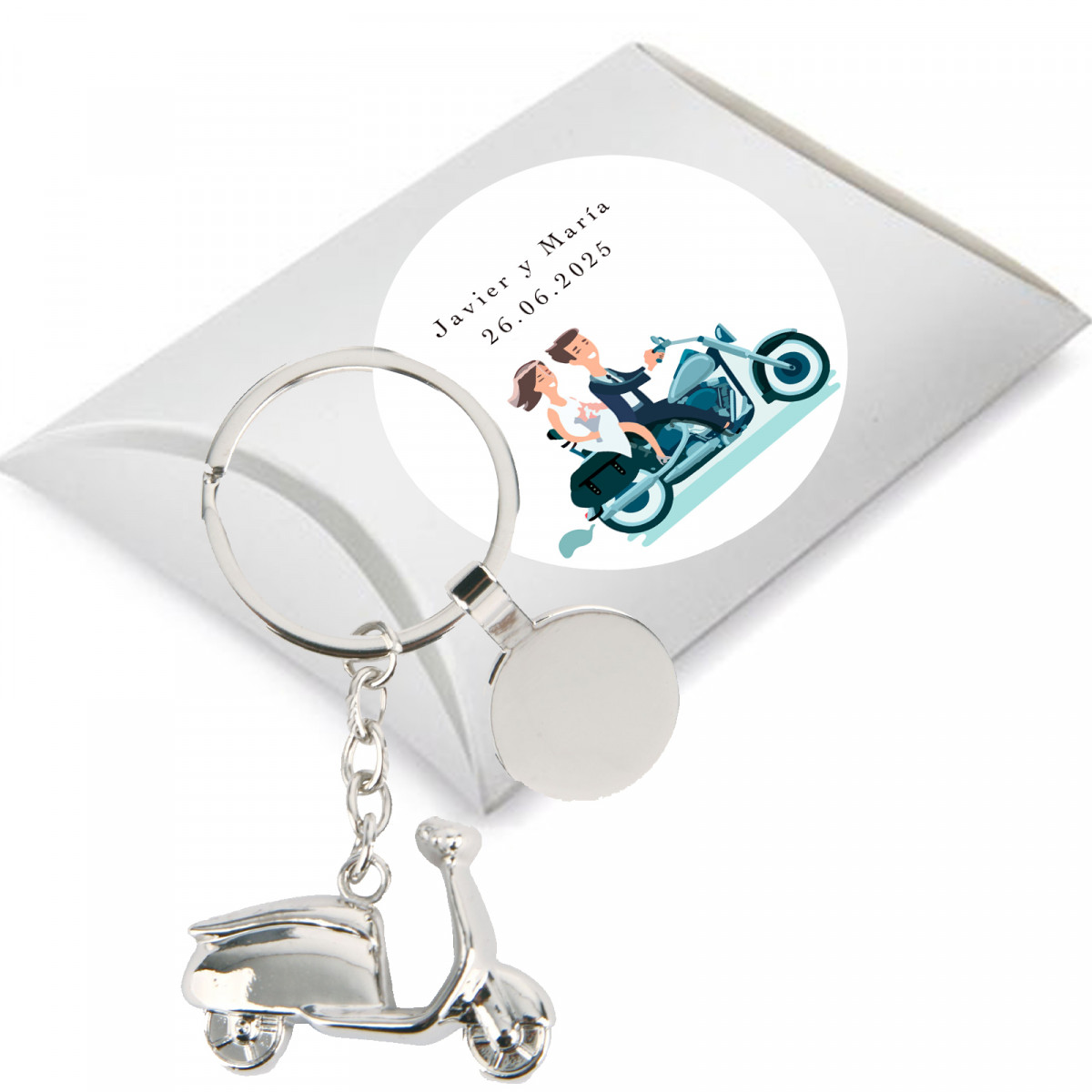 Llavero scooter y adhesivo personalizado para detalles boda en caja de cartón color plata