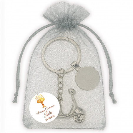 Llavero scooter y adhesivo personalizado para detalles primera comunión