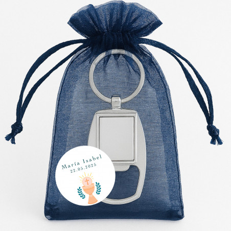 Abridor llavero personalizado para comunión en bolsa de organza