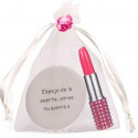 Espejo con frase en bolsa de organza beige con bolígrafo pintalabios