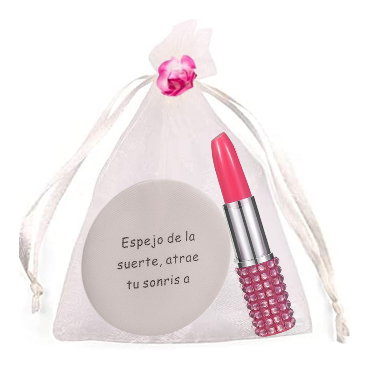 Espejo con frase en bolsa de organza beige con bolígrafo pintalabios