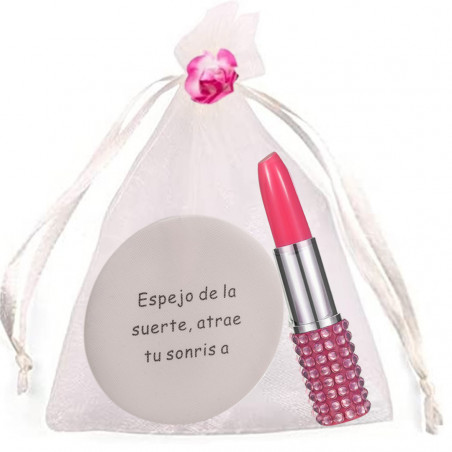 Espejo con frase en bolsa de organza beige con bolígrafo pintalabios