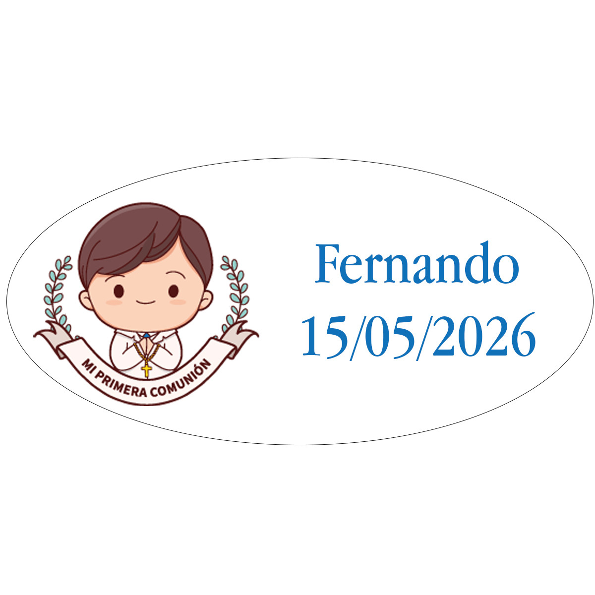 Adhesivo de comunión ovalado personalizado para niño