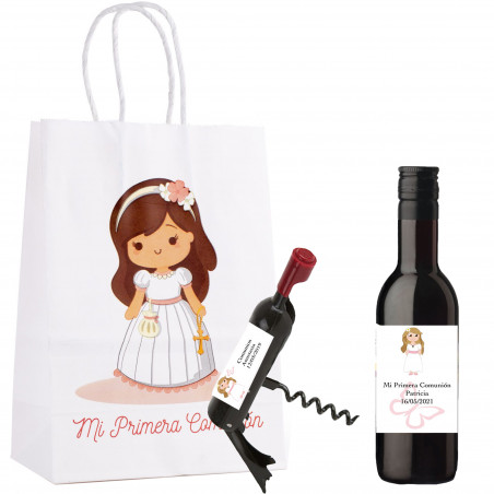 Botella de vino con sacacorchos personalizado en bolsa de niña comunión