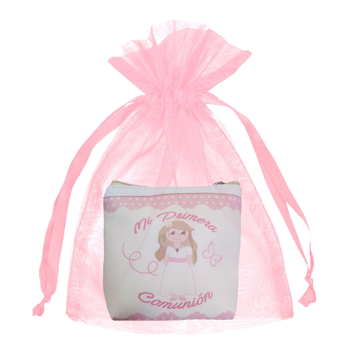 Monedero para primera comunión con bolsa de organza rosa