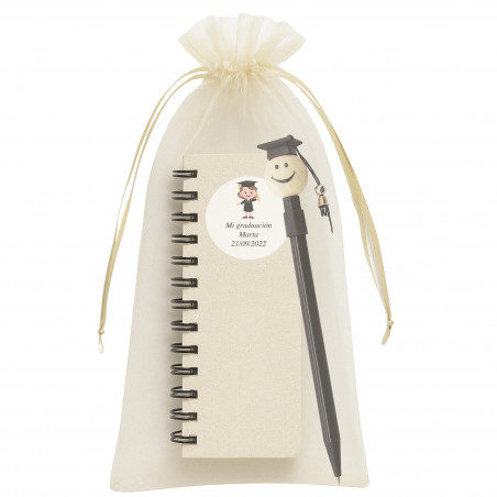 Bolígrafo graduación con libreta personalizada en bolsa de organza