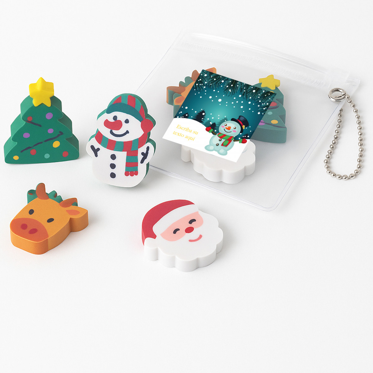 Gomas de borrar con forma de muñecos de navidad presentado con pegatina para personalizar