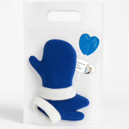 Manoplas polares azules infantiles y piruleta en bolsa con adhesivo de Frozen para invitados