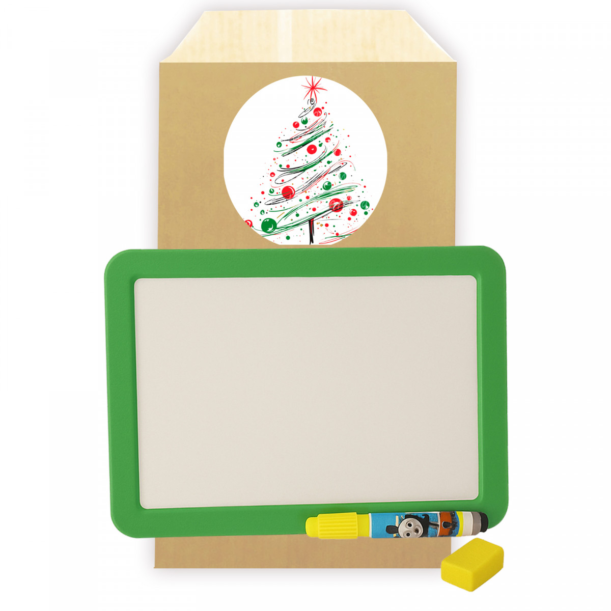 Pizarra blanca pequeña para niños con rotulador presentada en sobre de regalo con adhesivo personalizado
