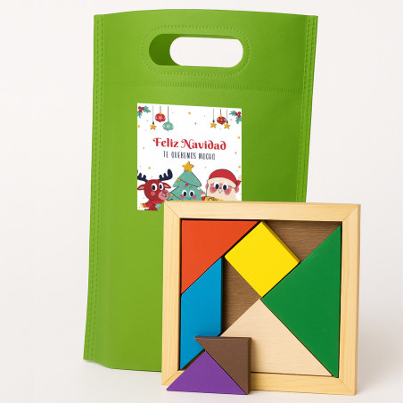 Tangram de madera con bolsa verde para navidad