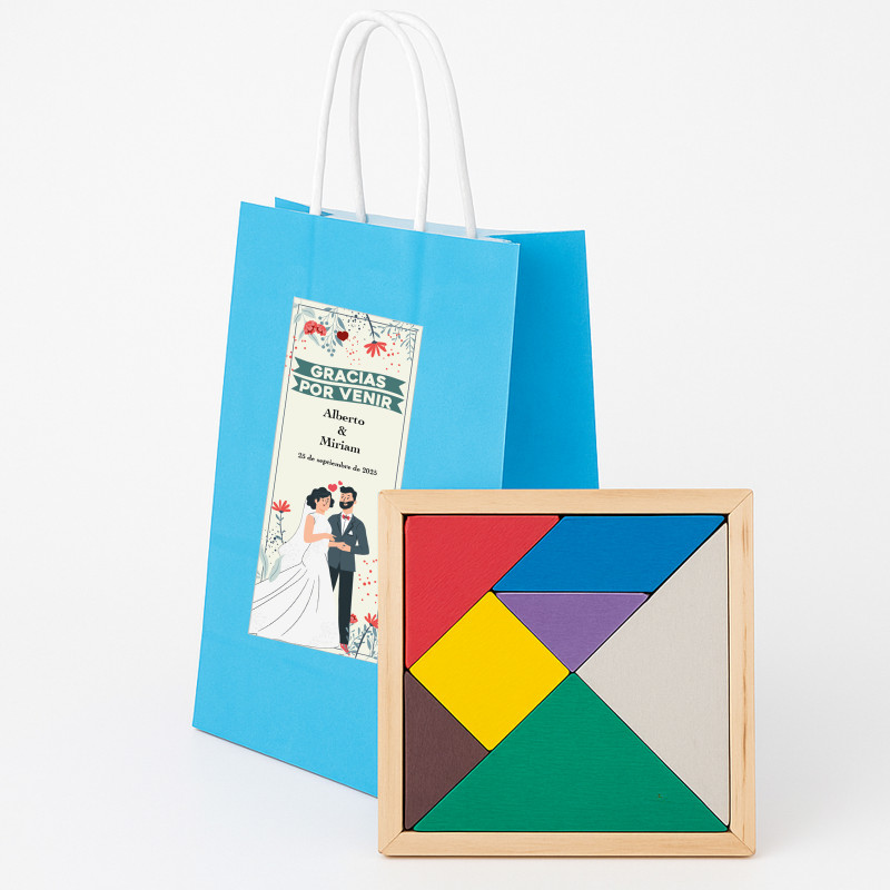 Puzzle de madera en bolsa con adhesivo personalizado para detalles bodas