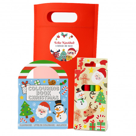 Libro de navidad para colorear con pegatinas y lápices en bolsa roja con adhesivo personalizable