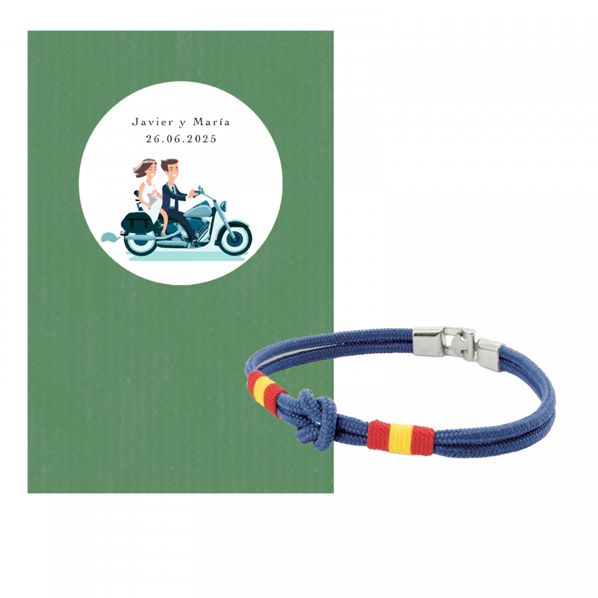 Pulsera con nudo marinero en sobre de kraft verde con adhesivo de boda personalizado