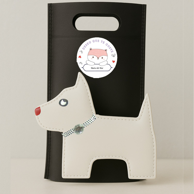 Set de manicura perrito en sobre kraft negro personalizado con adhesivo con nombre deseo que te guste